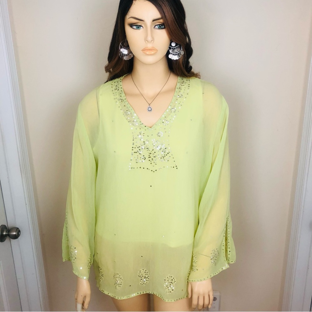 SALE🔥 JANE ASHLEY Y2K Fairy Boho Indie Light Green Silver Sequins Long SlV Top